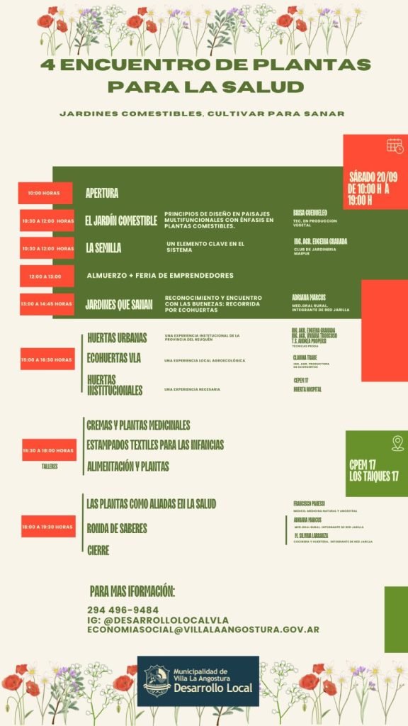 La Dirección de Desarrollo Local de la Municipalidad de Villa La Angostura, invita al 4° Encuentro de Plantas para la Salud este Sábado 20 de Septiembre.