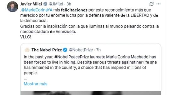 El Presidente felicitó a Machado por el Nobel de la Paz