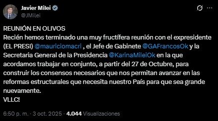 Milei y Macri se reencontraron y acordaron “trabajar en conjunto” después de las elecciones