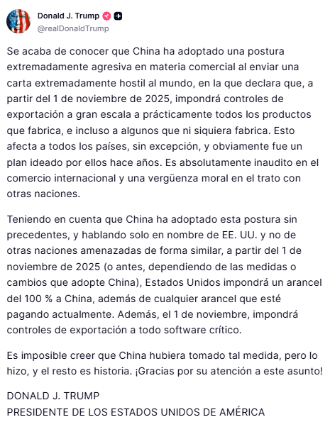 Donald Trump anunció que Estados Unidos aplicará aranceles del 100% a importaciones de China