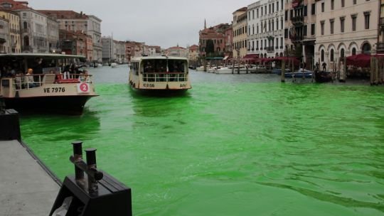 Ecologistas luchan contra la contaminación lanzando tintura verde al Gran Canal de Venecia y ríos italianos