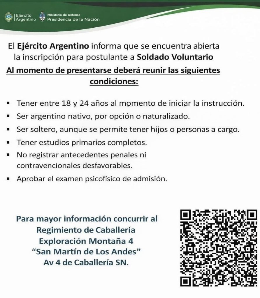 El Ejército Argentino informa que se encuentra abierta la inscripción para postulante a Soldado Voluntario.