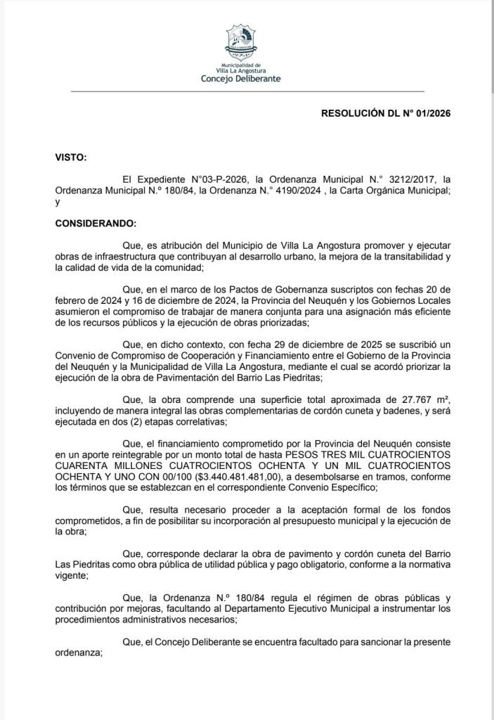 RESOLUCIÓN DL N° 01/2026 – PAVIMENTACION BARRIO LAS PIEDRITAS.
