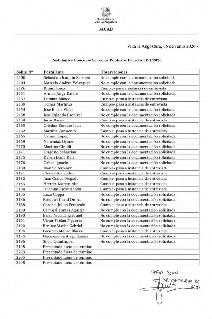 Información para postulantes de los concursos de Asistente Infantil y Operario de Servicios Públicos.