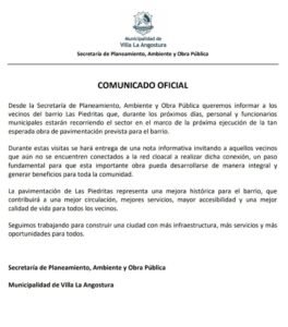 La Municipalidad informa sobre el inicio de acciones previas a la pavimentación de Las Piedritas.