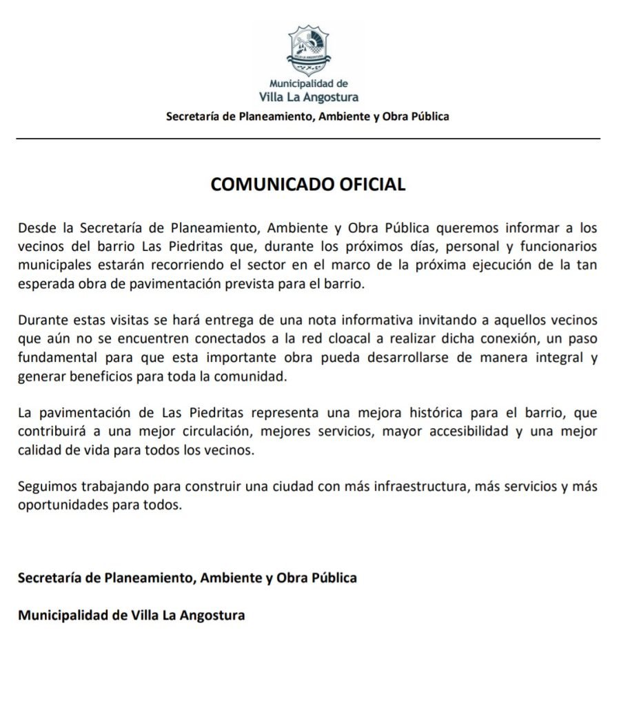La Municipalidad informa sobre el inicio de acciones previas a la pavimentación de Las Piedritas.