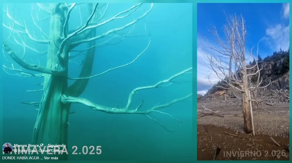 Un buzo mostró cómo bajó 20 metros el nivel de un lago patagónico
