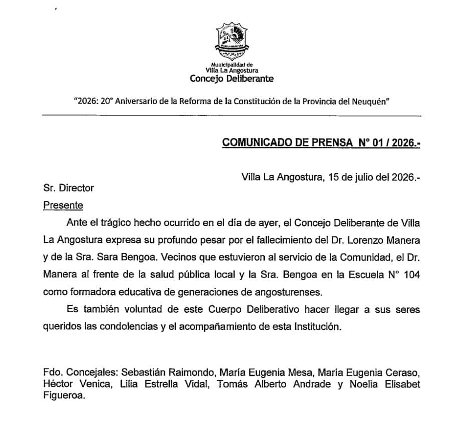 El Concejo Deliberante expresa sus Condolencias ante el fallecimiento del Dr. Lorenzo Manera y de Sara Bengoa.