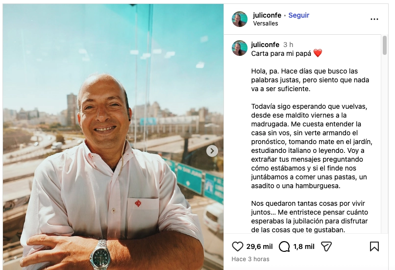 La hija de Fernando Confessore expuso su dolor con una carta íntima e impactante a días de su muerte: “Todavía sigo esperando que vuelvas”